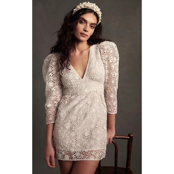 LoveShackFancy Dresses & Skirts - LoveShackFancy Faye White Lace Puff Sleeve Mini Dress Size 6 NWT